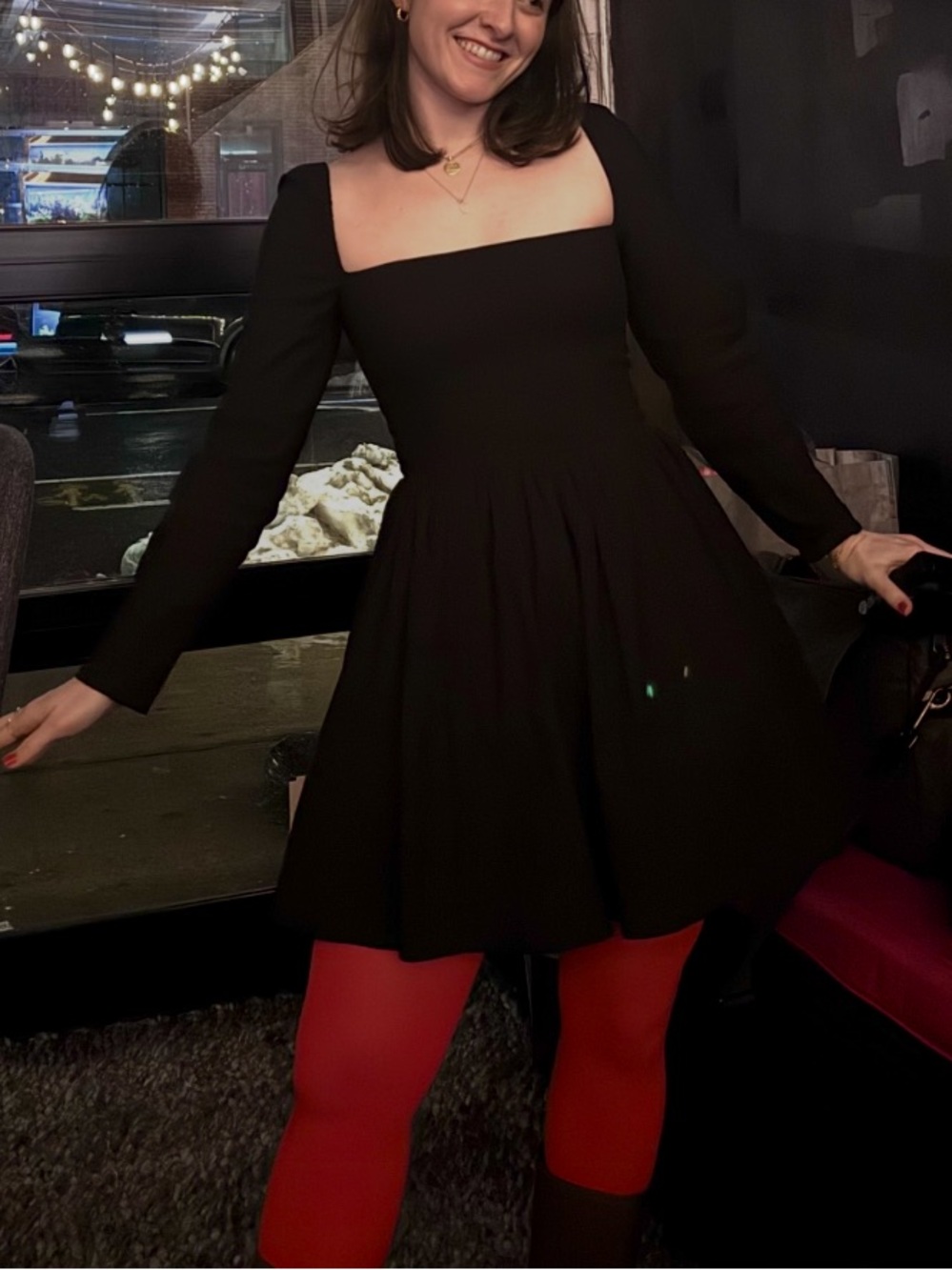 Reformation Black Square-Neck Long-Sleeve Mini Dress